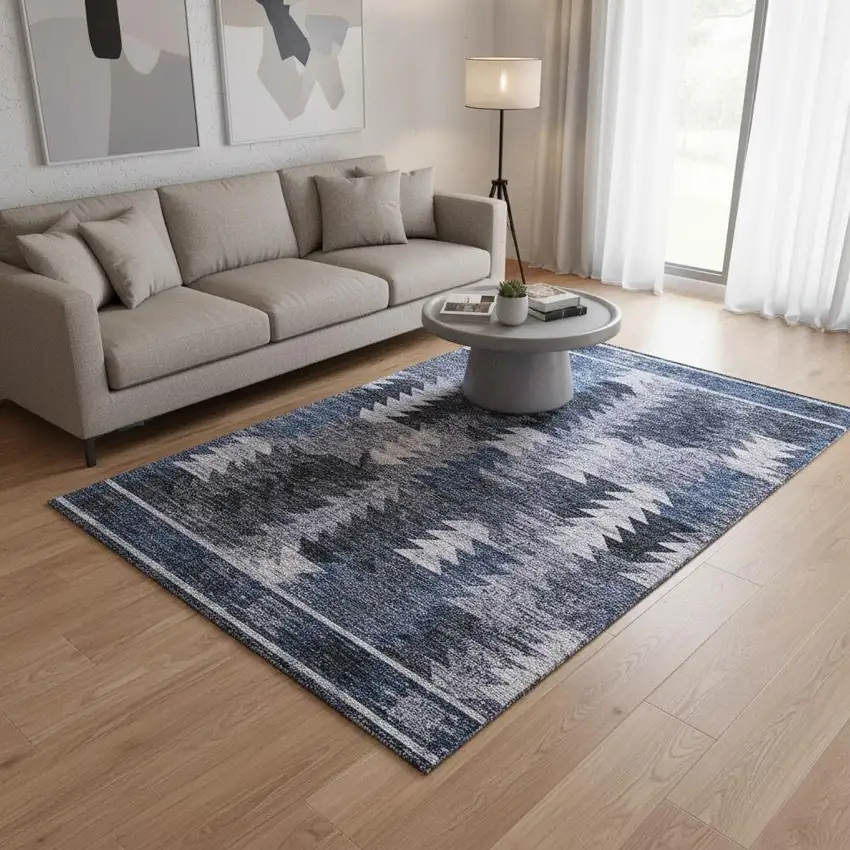 Blue And Ivory Southwestern Washable Area Rug With UV Protection Photo 2