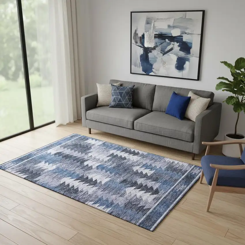 Blue And Ivory Southwestern Washable Area Rug With UV Protection Photo 1