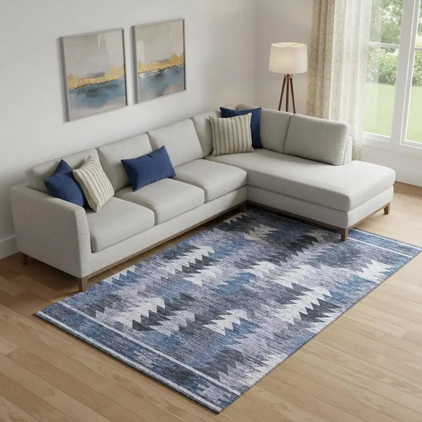 Blue And Ivory Southwestern Washable Area Rug With UV Protection Photo 1