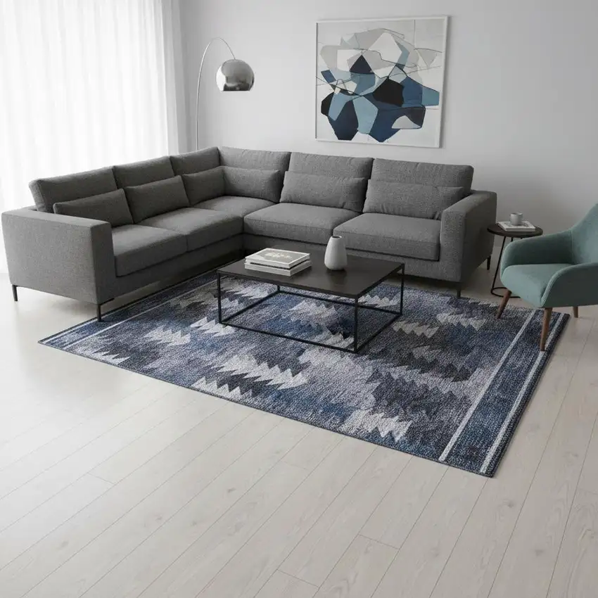 Blue And Ivory Southwestern Washable Area Rug With UV Protection Photo 2