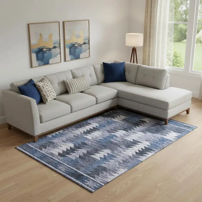 Blue And Ivory Southwestern Washable Area Rug With UV Protection Photo 1