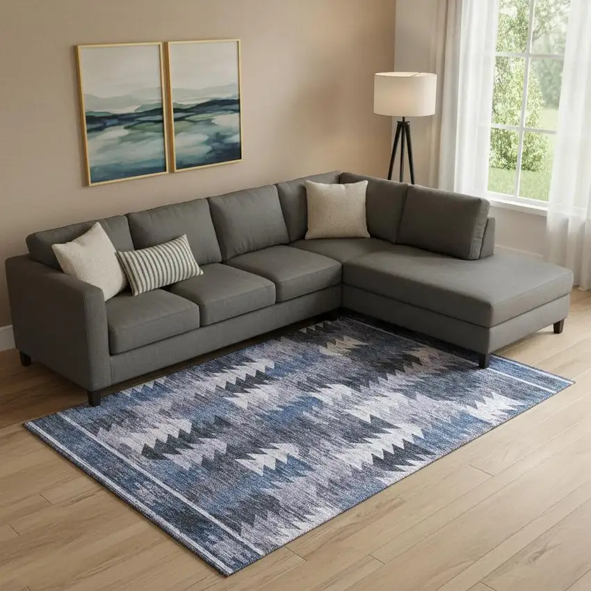 Blue And Ivory Southwestern Washable Area Rug With UV Protection Photo 1