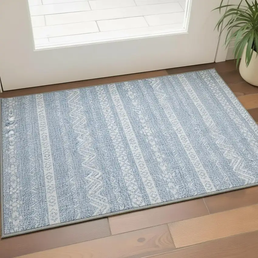 Blue And Ivory Southwestern Washable Area Rug With UV Protection Photo 2