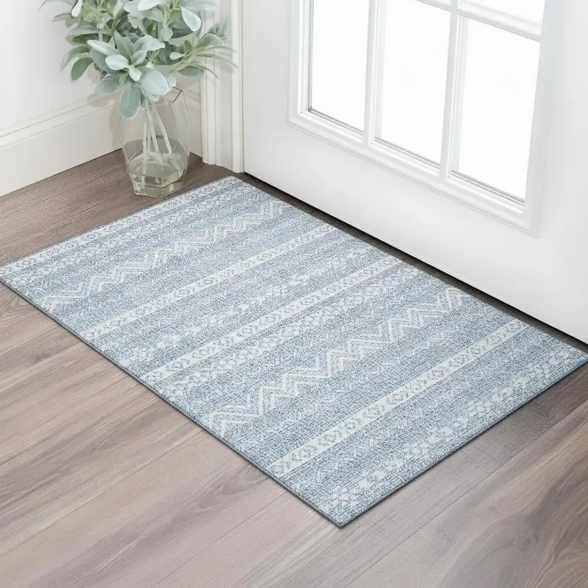 Blue And Ivory Southwestern Washable Area Rug With UV Protection Photo 1