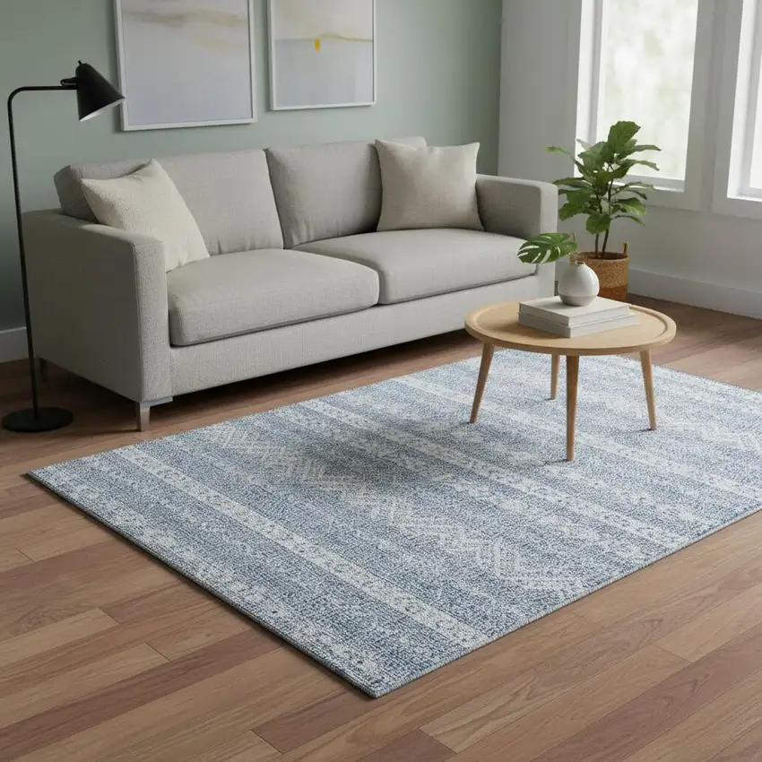 Blue And Ivory Southwestern Washable Area Rug With UV Protection Photo 2