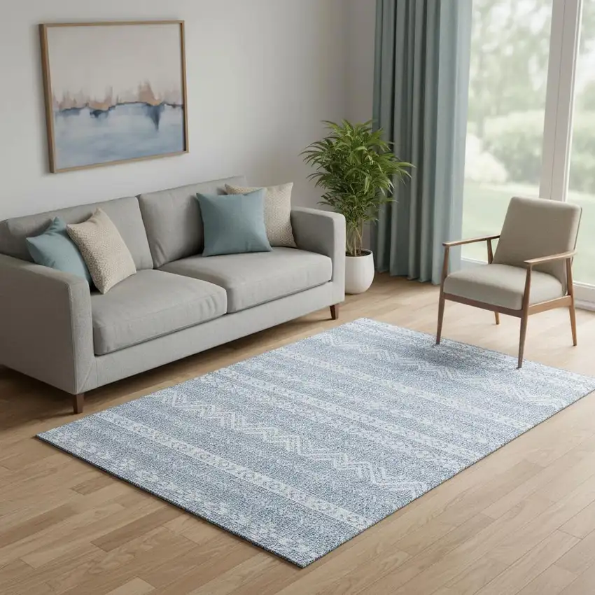 Blue And Ivory Southwestern Washable Area Rug With UV Protection Photo 1