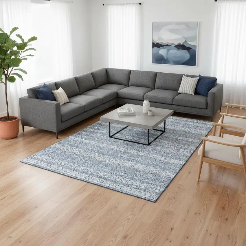 Blue And Ivory Southwestern Washable Area Rug With UV Protection Photo 2