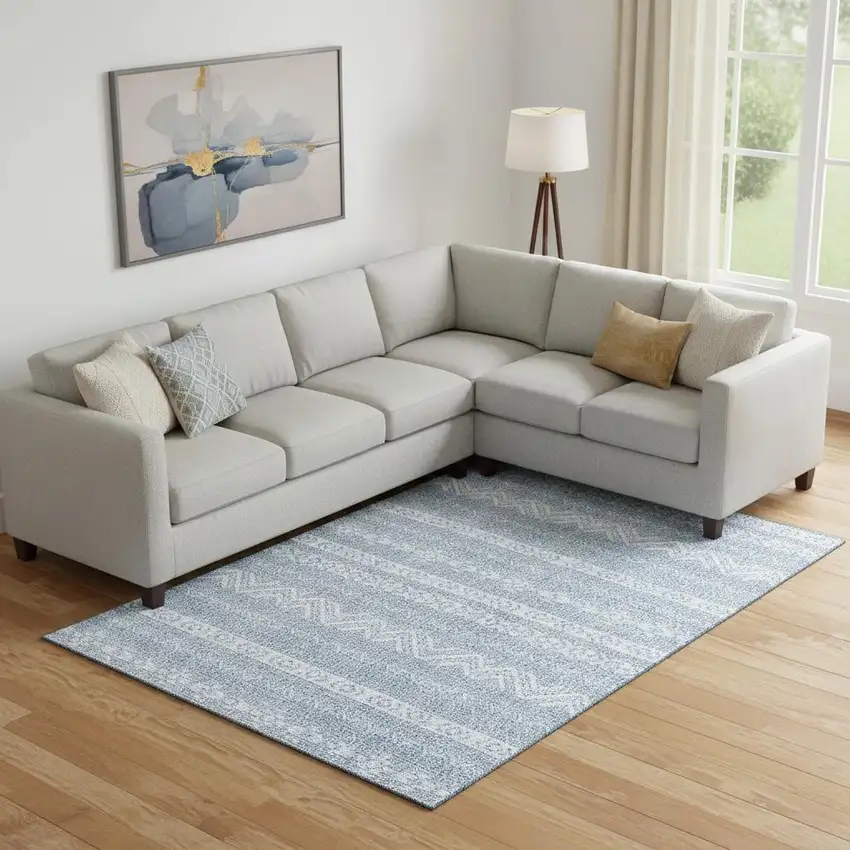 Blue And Ivory Southwestern Washable Area Rug With UV Protection Photo 1