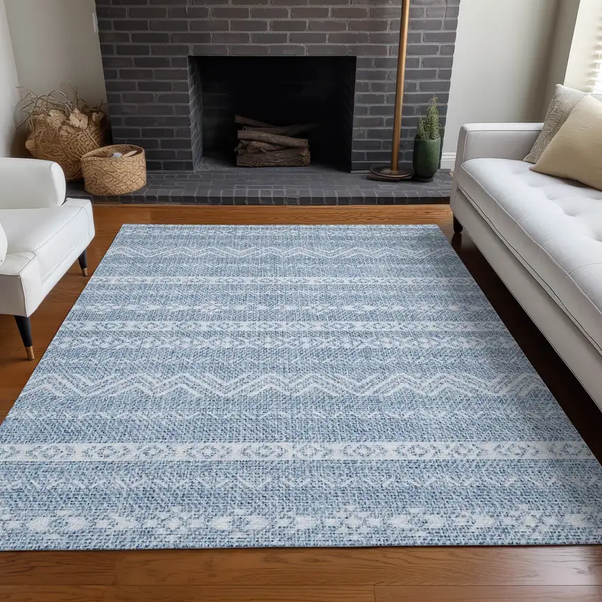 Blue And Ivory Southwestern Washable Area Rug With UV Protection Photo 5