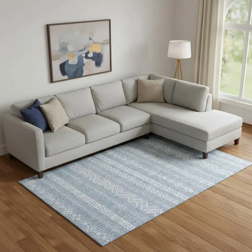 Blue And Ivory Southwestern Washable Area Rug With UV Protection Photo 1