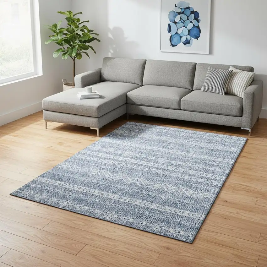 Blue And Ivory Southwestern Washable Area Rug With UV Protection Photo 2