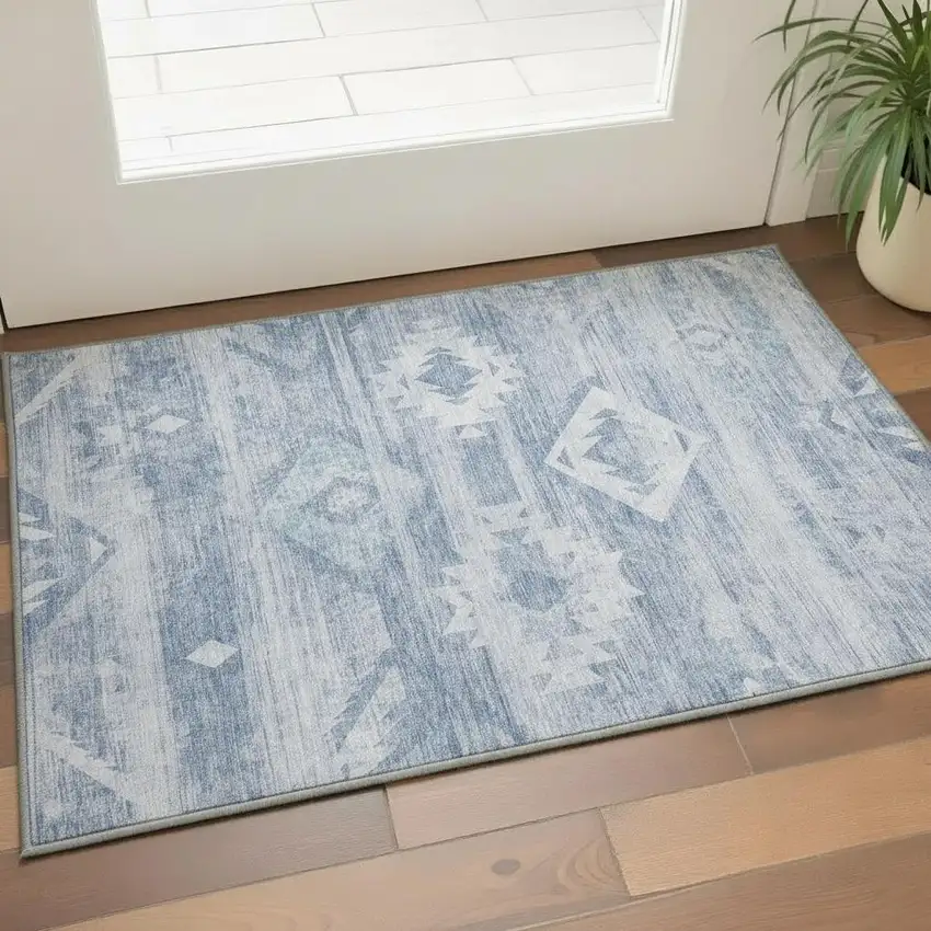 Blue And Ivory Southwestern Washable Area Rug With UV Protection Photo 2
