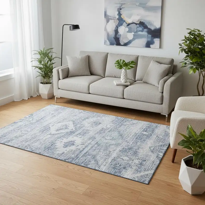 Blue And Ivory Southwestern Washable Area Rug With UV Protection Photo 2