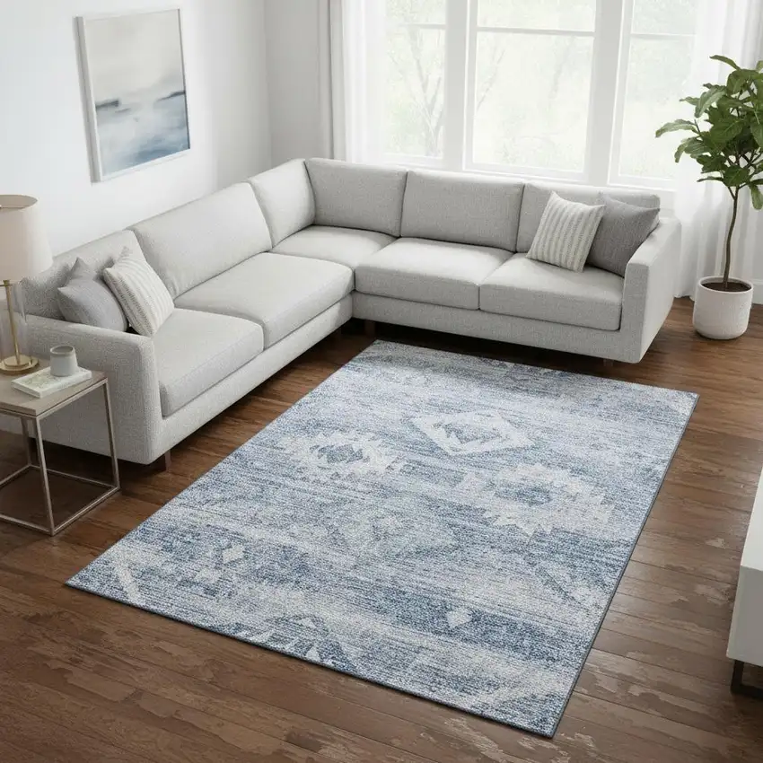 Blue And Ivory Southwestern Washable Area Rug With UV Protection Photo 2