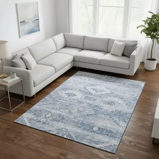 Blue And Ivory Southwestern Washable Area Rug With UV Protection Photo 2