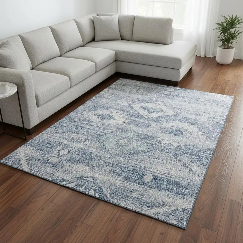 Blue And Ivory Southwestern Washable Area Rug With UV Protection Photo 2