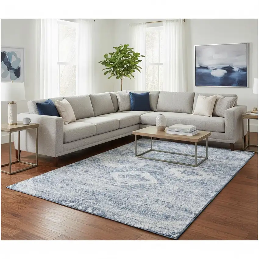 Blue And Ivory Southwestern Washable Area Rug With UV Protection Photo 2