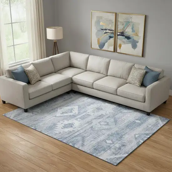 Blue And Ivory Southwestern Washable Area Rug With UV Protection Photo 1