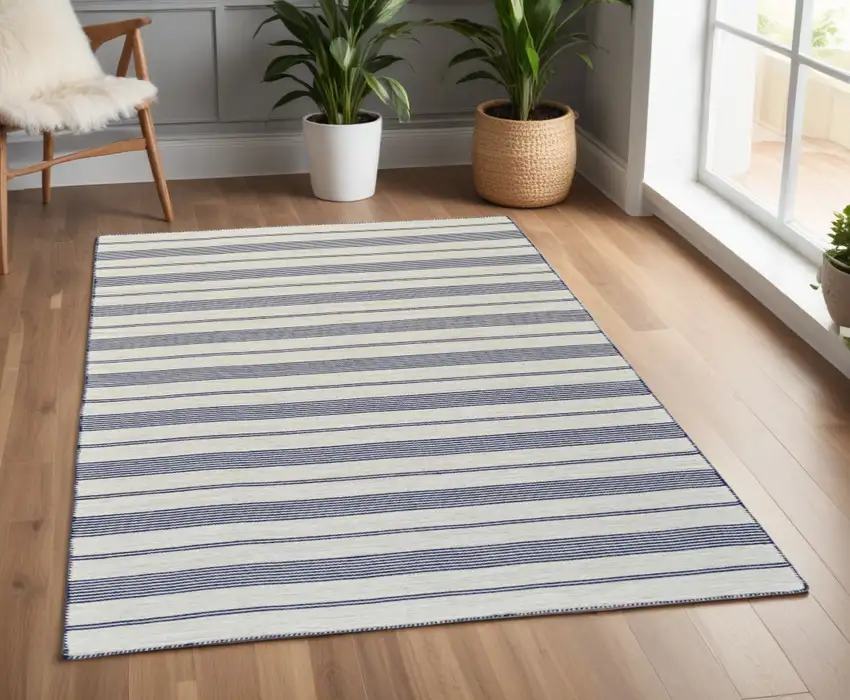 Blue and Ivory Striped Hand Woven Area Rug Photo 1