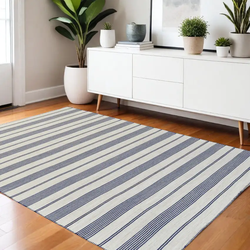 Blue and Ivory Striped Hand Woven Area Rug Photo 1