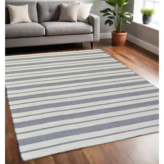 Blue And Ivory Striped Dhurrie Hand Woven Stain Resistant Area Rug Photo 1