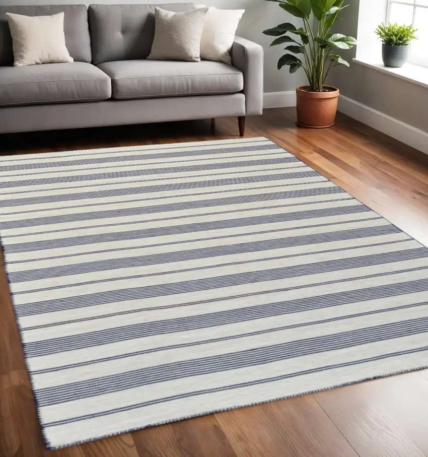 Blue And Ivory Striped Dhurrie Hand Woven Stain Resistant Area Rug Photo 1