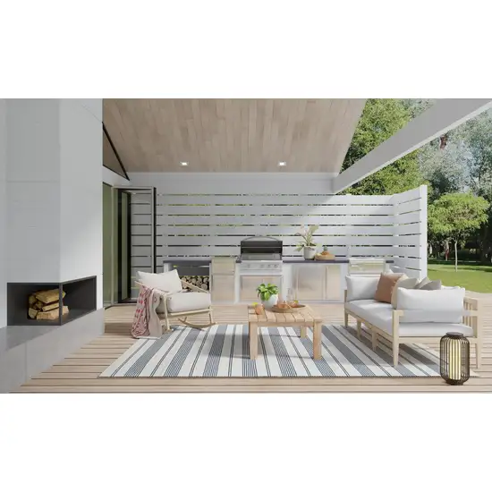 Blue And Ivory Striped Dhurrie Hand Woven Stain Resistant Area Rug Photo 6