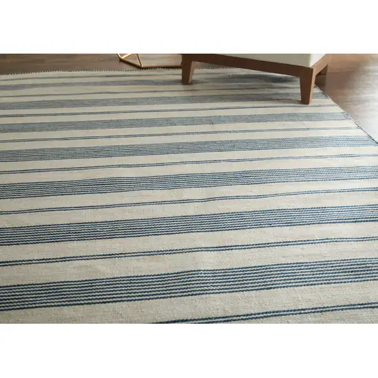 Blue And Ivory Striped Dhurrie Hand Woven Stain Resistant Area Rug Photo 5