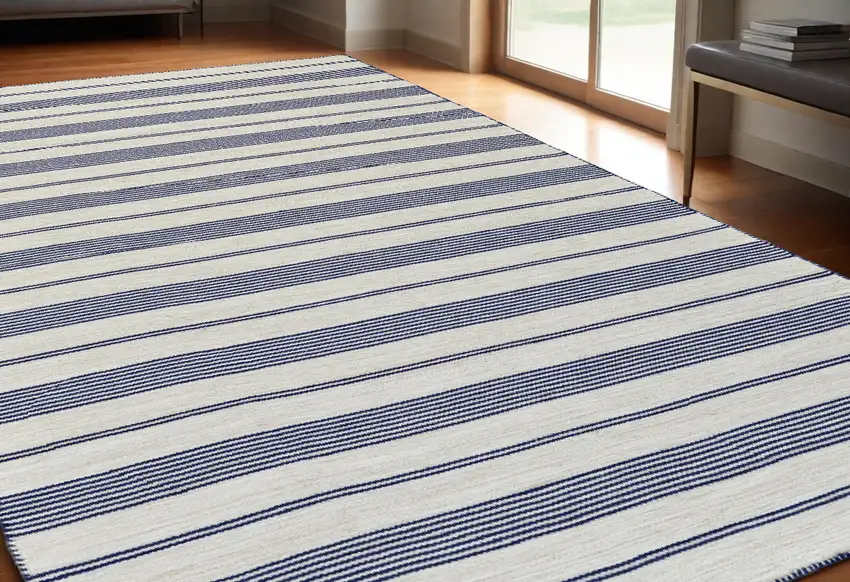 Blue And Ivory Striped Dhurrie Hand Woven Stain Resistant Area Rug Photo 1