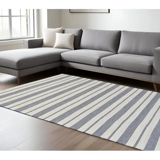 Blue And Ivory Striped Dhurrie Hand Woven Stain Resistant Area Rug Photo 1