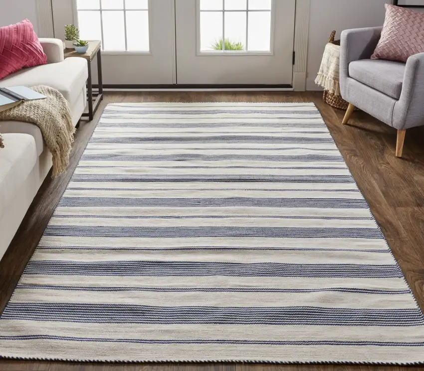 Blue And Ivory Striped Dhurrie Hand Woven Stain Resistant Area Rug Photo 7