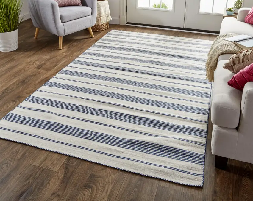 Blue And Ivory Striped Dhurrie Hand Woven Stain Resistant Area Rug Photo 6