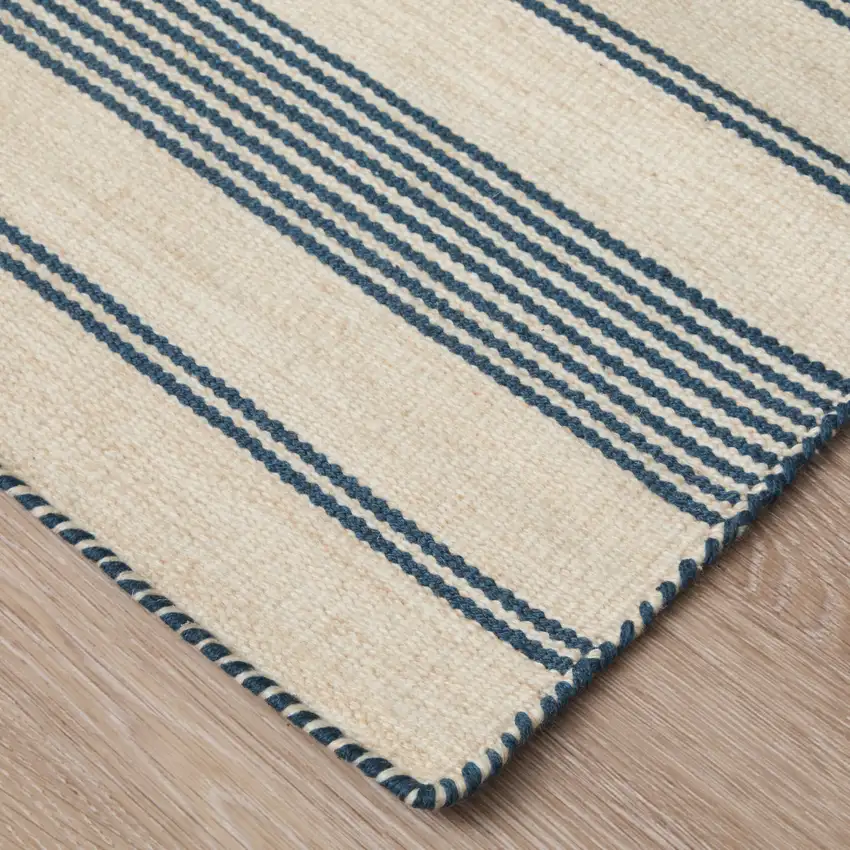 Blue And Ivory Striped Dhurrie Hand Woven Stain Resistant Area Rug Photo 7