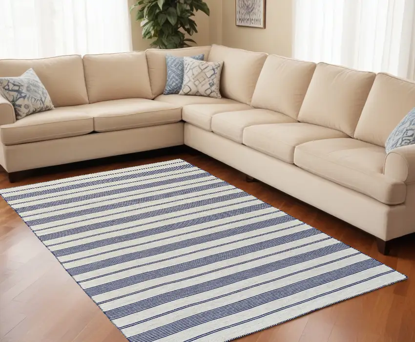 Blue And Ivory Striped Dhurrie Hand Woven Stain Resistant Area Rug Photo 1