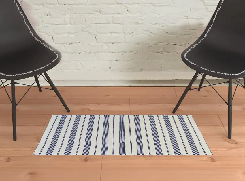 Blue And Ivory Striped Dhurrie Hand Woven Stain Resistant Area Rug Photo 2
