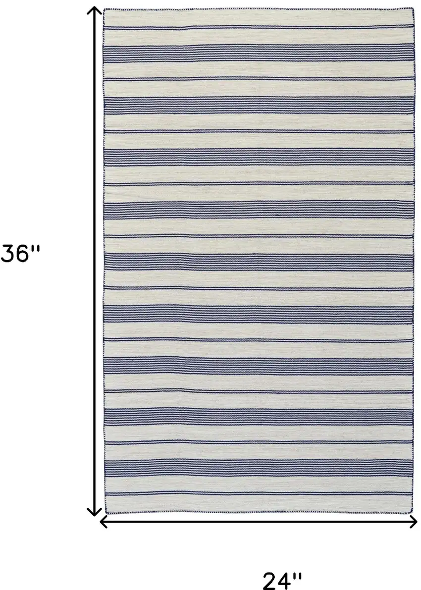 Blue And Ivory Striped Dhurrie Hand Woven Stain Resistant Area Rug Photo 10