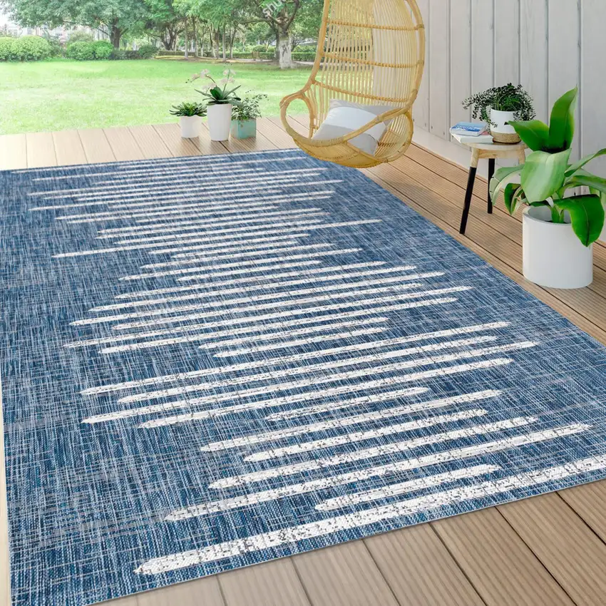 Blue And Ivory Striped Indoor Outdoor Area Rug Photo 8