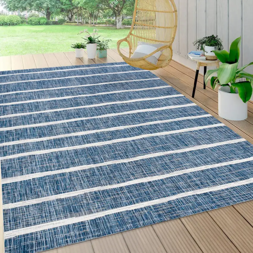 Blue And Ivory Striped Indoor Outdoor Area Rug Photo 8