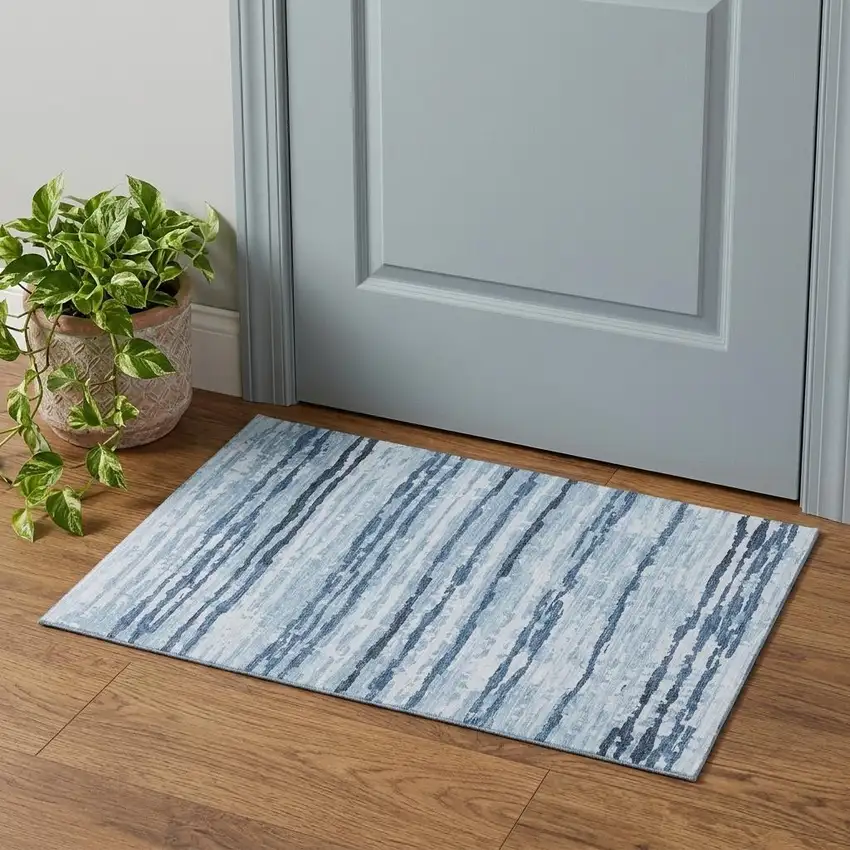 Blue And Ivory Striped Distressed Washable Area Rug With UV Protection Photo 1