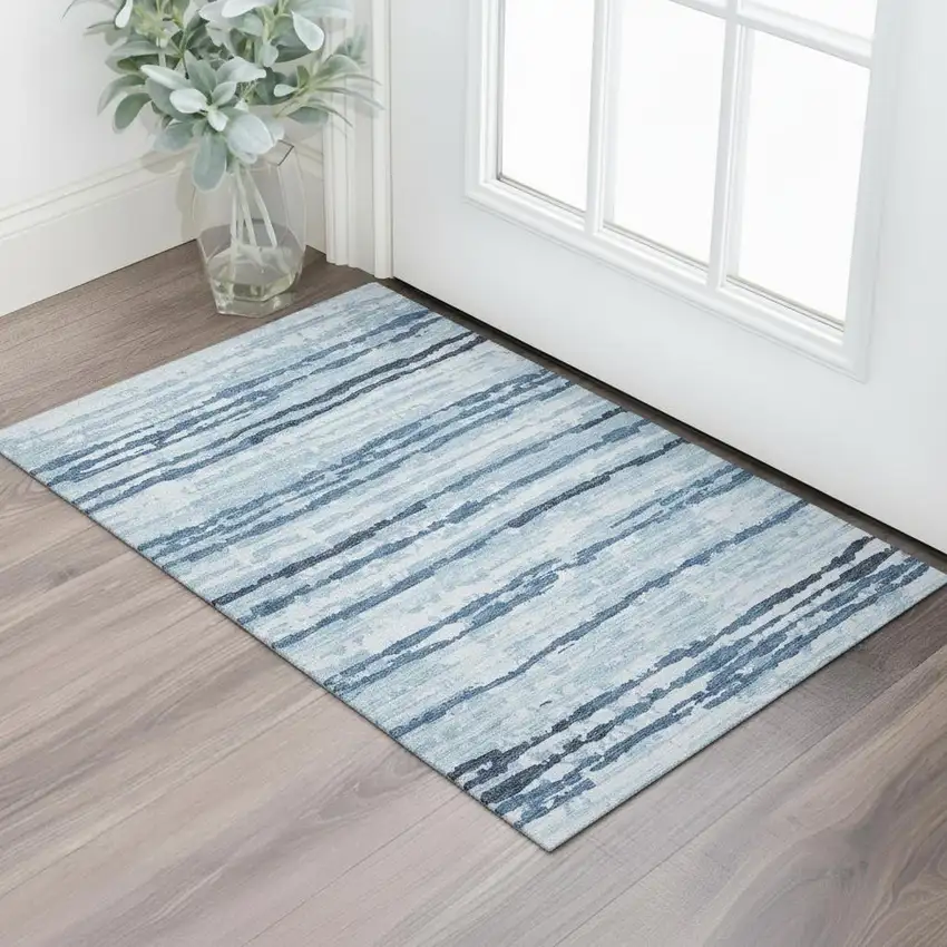 Blue And Ivory Striped Washable Area Rug With UV Protection Photo 1
