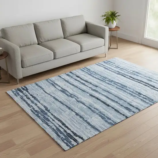 Blue And Ivory Striped Washable Area Rug With UV Protection Photo 1