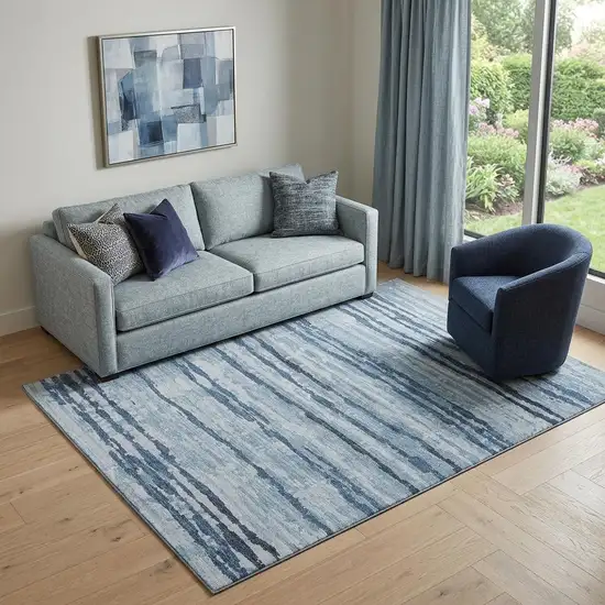 Blue And Ivory Striped Distressed Washable Area Rug With UV Protection Photo 1