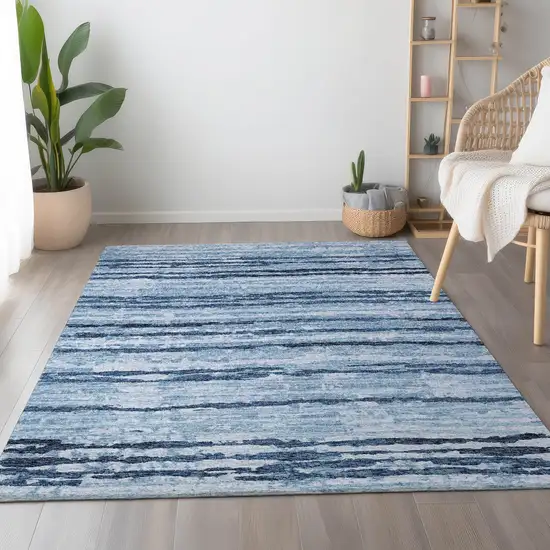 Blue And Ivory Striped Washable Area Rug With UV Protection Photo 5