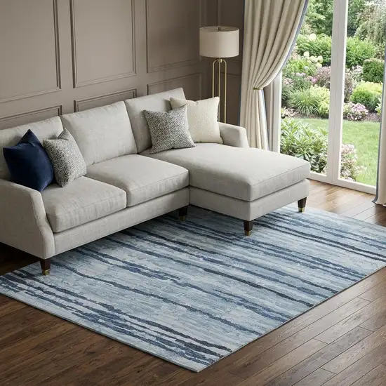 Blue And Ivory Striped Distressed Washable Area Rug With UV Protection Photo 1