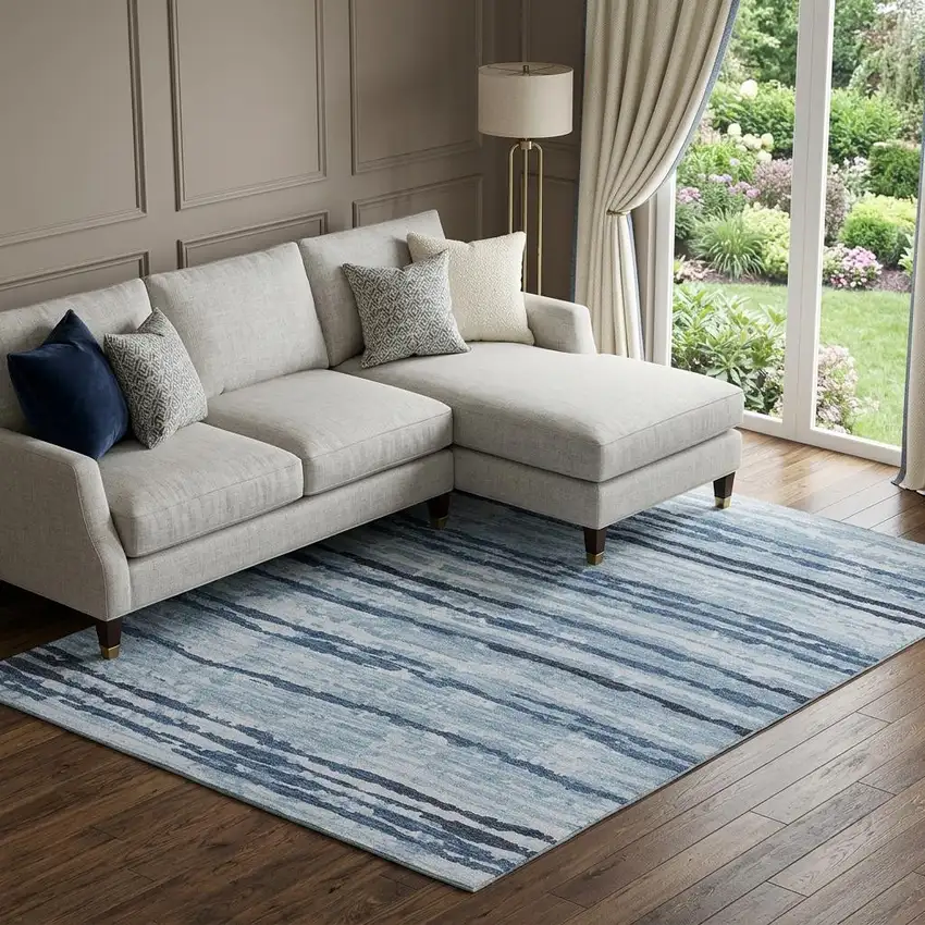 Blue And Ivory Striped Distressed Washable Area Rug With UV Protection Photo 1