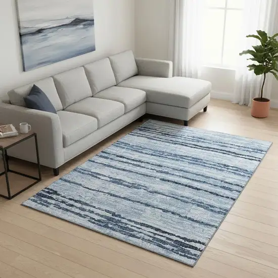 Blue And Ivory Striped Washable Area Rug With UV Protection Photo 1