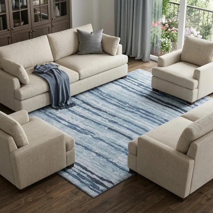 Blue And Ivory Striped Distressed Washable Area Rug With UV Protection Photo 1
