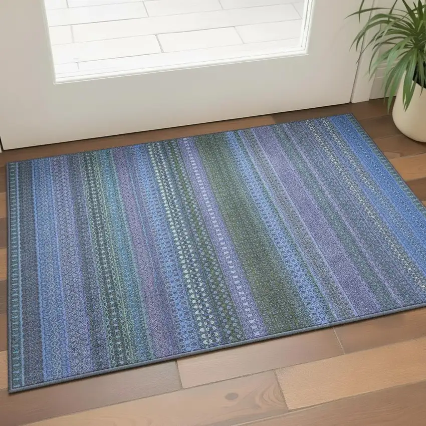 Blue And Ivory Striped Washable Area Rug With UV Protection Photo 1