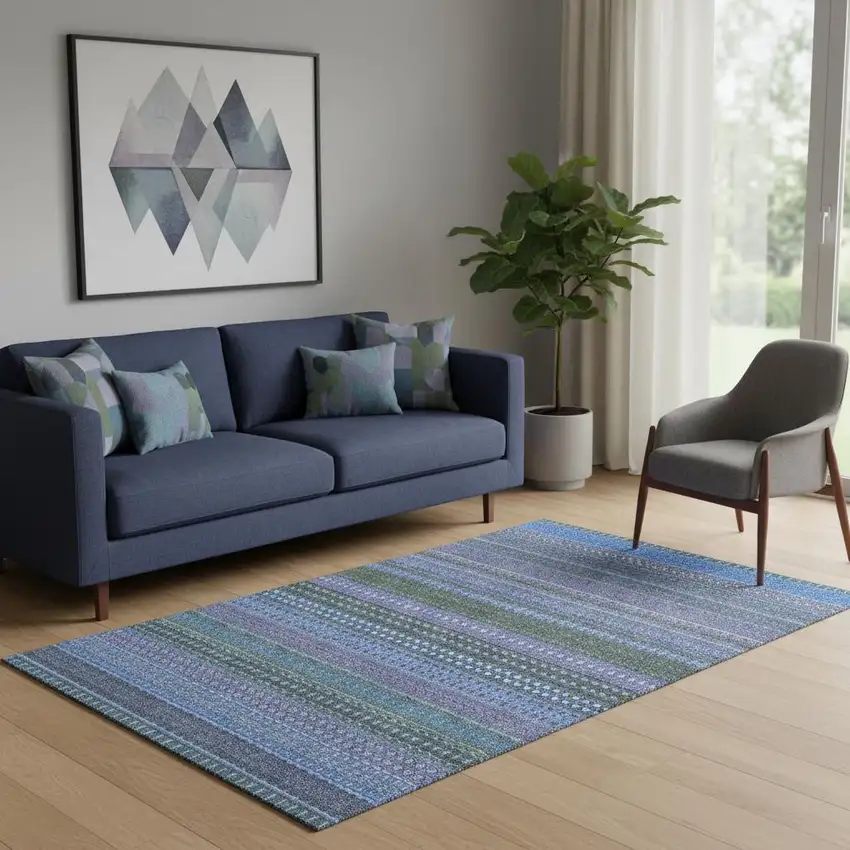 Blue And Ivory Striped Washable Area Rug With UV Protection Photo 1