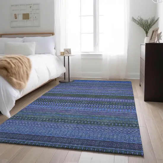 Blue And Ivory Striped Washable Area Rug With UV Protection Photo 5